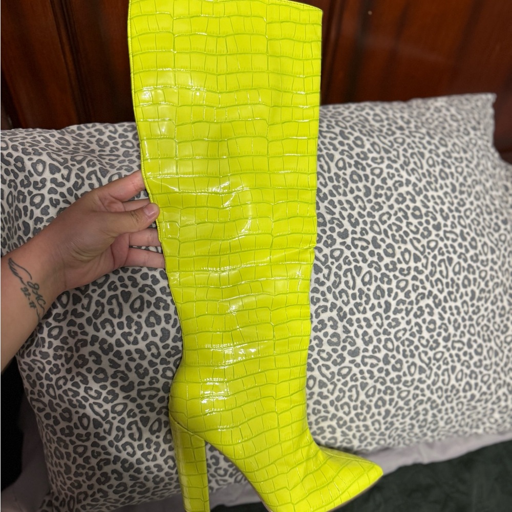 Neon Yellow Croc-Embossed Knee-High Boots